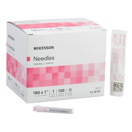 Hypodermic Needle McKesson 1 Inch Length 18 Gauge Thin Wall Without Safety