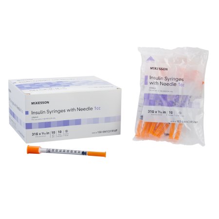 Standard Insulin Syringe with Needle McKesson 1 mL 5/16 Inch 31 Gauge NonSafety Ultra Thin Wall SYRINGE, INSULIN 1CC 31GAX5/16" (100/BX 5BX/CS)