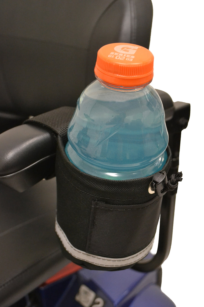 Large Cupholder for Mobility Equipment with large bottle inside